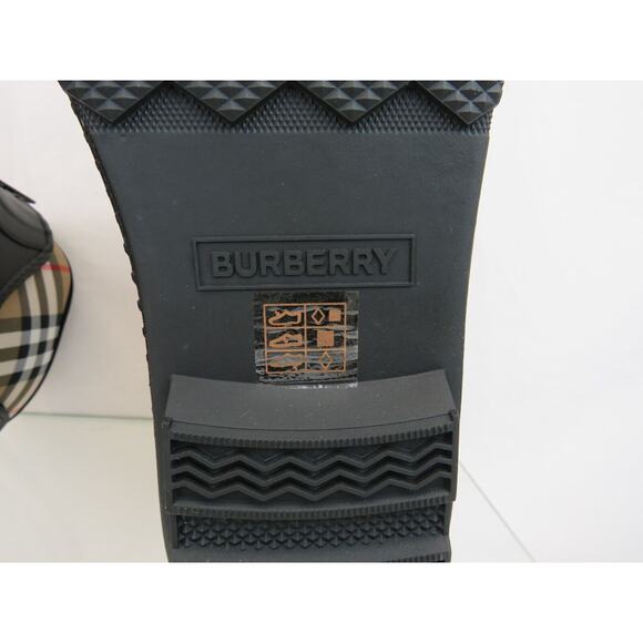 BURBERRY FLINTON BLACK RUBBER BEIGE CHECK SOCK LOGO ANKLE RAIN BOOTS US 11 EU 41 - Picture 12 of 14